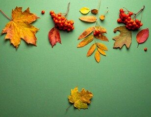 Colorful autumn leaves and berries on a green backdrop, flat lay composition