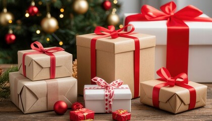 Obraz premium Gift wrapping after purchase with elegant paper, ribbons, and boxes. Perfect for retail branding, e-commerce promotions, corporate gifting, and International Friendship Day campaigns.