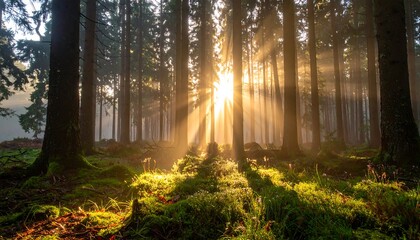 Sunlight streams through a forest of tall trees, illuminating moss-covered ground, creating an ethereal and tranquil atmosphere