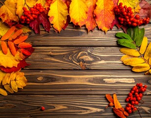 Colorful autumn leaves and red berries artfully arranged on a rustic wooden surface