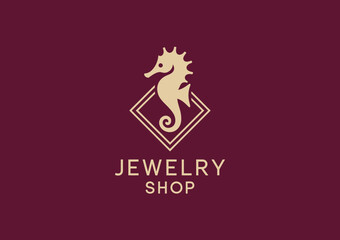 This image showcases an elegant logo featuring a seahorse inside a diamond shape, perfect for a jewelry shop highlighting uniqueness and underwater beauty.