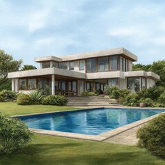 Fototapeta premium Modern concrete house with swimming pool and lush greenery