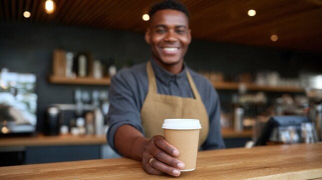 A cheerful barista presents a coffee cup at a stylish cafe. The warm atmosphere invites customers to enjoy their drinks. - Powered by Adobe