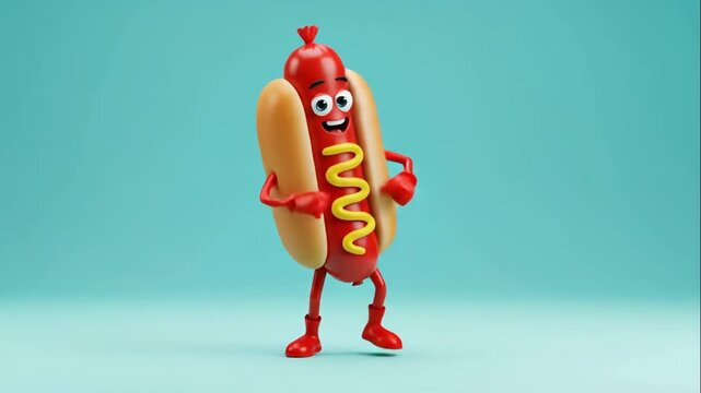 A funny 3D animated hot dog character doing a happy dance. Cheerful food mascot celebrating on a colorful background. Fun cartoon animation with copy space