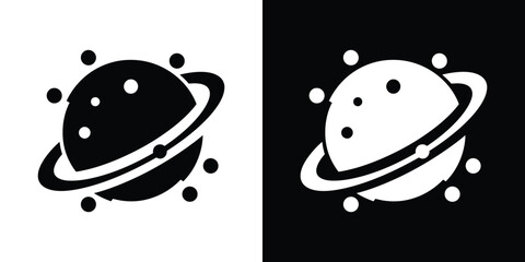 Isolated Planet with Rings and Satellites Black and White Icon Symbol Pictogram