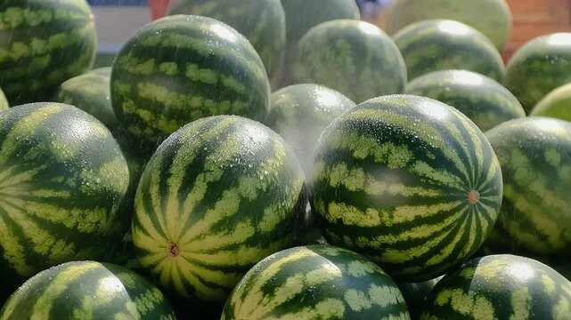 Close-up slow-motion pan over a large pile of green-striped whole watermelons, glossy skins, market freshness and abundance