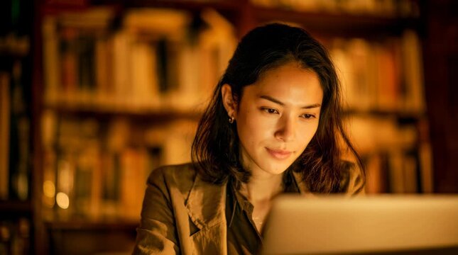 Young woman reading by warm ambient light in a cozy evening room, focused and immersed in laptop doing work