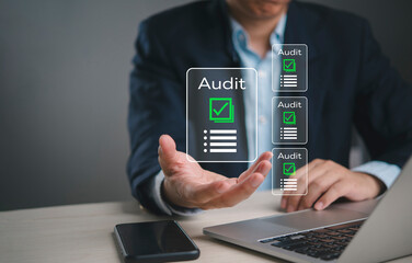 Businessman presenting digital audit checklist interface checkmark document compliance verification report quality control management system approval office technology.