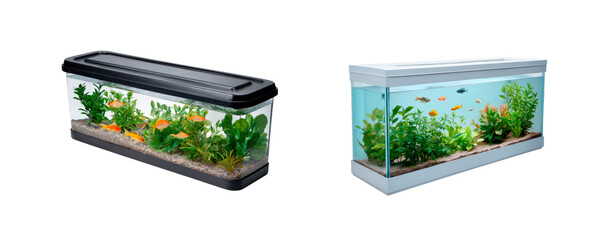 Fototapeta premium Decorative fish tanks with vibrant aquatic plants and colorful goldfish for home and office decor on transparent background