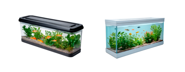 Decorative fish tanks with vibrant aquatic plants and colorful goldfish for home and office decor on transparent background