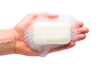 Hand holding a bar of soap with suds isolated on transparent background