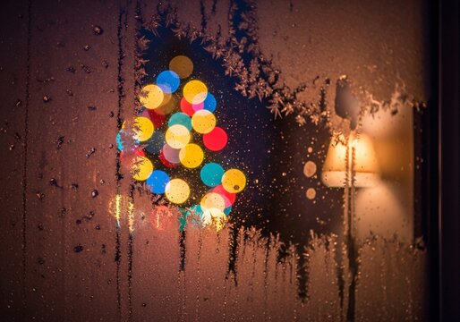 Christmas tree lights blurred through a frosty window pane, creating a magical bokeh effect on a cold winter night