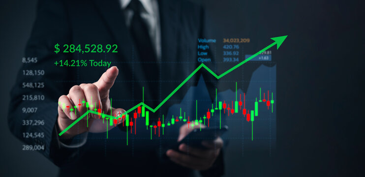 Trader hand analysis stock market graph, business financial growth. Investment profit, candlestick chart, digital technology. Virtual interface, fund management, stock exchange, crypto, success.