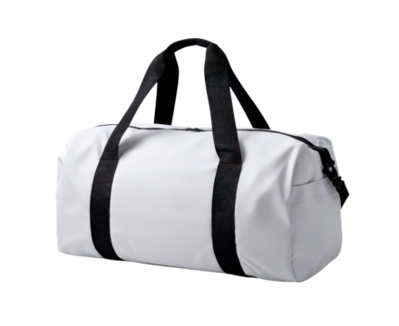 Stylish white duffel bag for travel and gym with black straps on transparent background