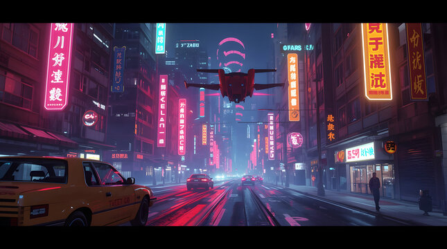Cyberpunk cityscape with futuristic vehicles and neon advertisements street