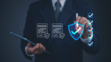 Businessman hand digital pen selecting checklist document shield icon secure compliance cybersecurity protection data management digital verification process business standard.