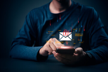 Cybersecurity threat, phishing email scam concept. Man hand on phone, data breach danger. Hacker...