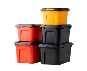 Colorful storage solutions with stackable plastic containers for organization on transparent background
