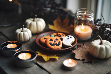 Homemade halloween holiday treats for kids. Gingerbread cookies on wooden board, decorated with pumpkins and autumn leaves. Cozy fall home atmosphere