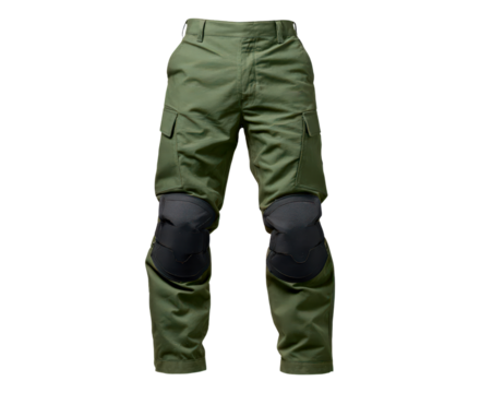 Tactical green cargo pants with knee pads for outdoor adventure and workwear on transparent background