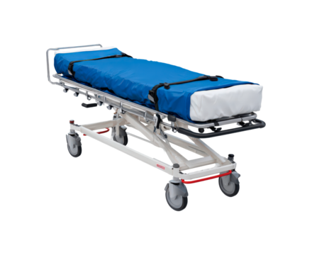 Medical emergency stretcher with blue mattress for hospital use and emergency response on transparent background