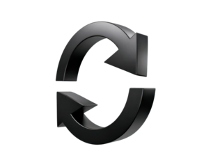 Sleek black rotating arrows symbolizing update and synchronization concepts on transparent background