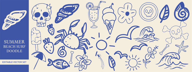 Summer Beach Surf Doodle Vector Set - Hand-drawn Tropical and Oceanic Elements for T-shirts, Posters & Prints