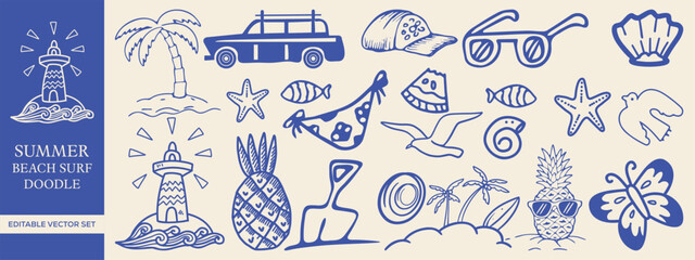 Hand drawn Summer Beach Doodle Set Surf, Tropical Elements, and Coastal Graphics for T-shirts, Posters, and Prints