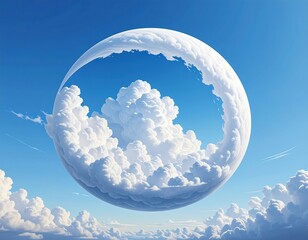 Surreal artwork features a sphere of fluffy white clouds suspended in a bright, clear blue sky filled with scattered clouds. A dreamlike landscape