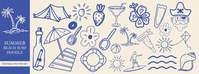 Hand drawn Summer Beach Doodle Set Surf, Tropical Elements, and Coastal Graphics for T-shirts, Posters, and Prints