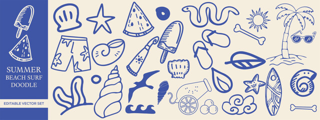 Hand drawn Summer Beach Doodle Set Surf, Tropical Elements, and Coastal Graphics for T-shirts, Posters, and Prints