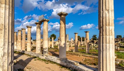 Stone columns stand tall against a blue sky, remnants of a historical site with architectural marvel