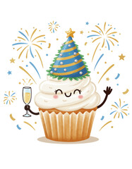 New Year's eve cupcake celebration vector graphic. Champagne toast party dessert illustration with confetti. Cute whimsical birthday muffin dessert. Festive topping sweet food in striped party hat