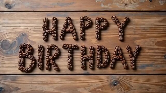 Celebrate a special coffee lover's birthday with this unique animation featuring coffee beans spelling out 'Happy Birthday' on rustic wood - Powered by Adobe