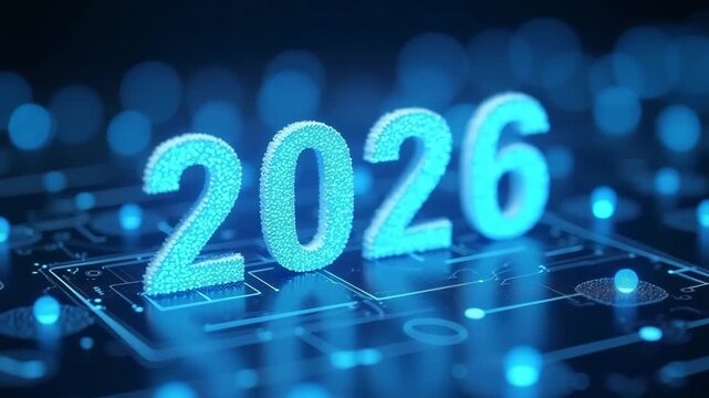 2026 numbers floating above digital holographic interface, blue neon lighting, biotech concept of research brands and innovation.