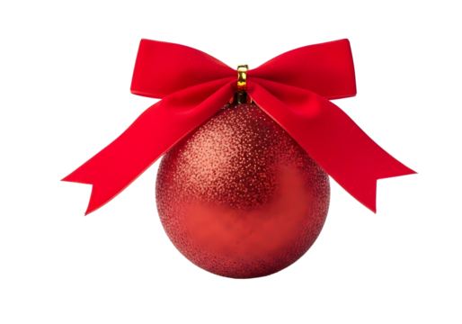Red christmas ornament with ribbon bow isolated on transparent background