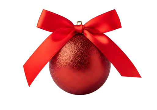 Red christmas ornament with ribbon bow isolated on transparent background - Powered by Adobe