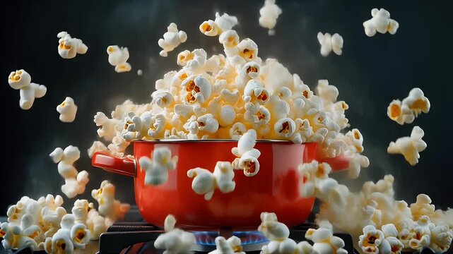 Fluffy popcorn overflows from a vibrant red pot heating on a gas stove, promising a cinematic snack experience.