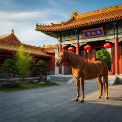 A majestic horse stands gracefully in the courtyard of a traditional chinese temple, bathed in the warm glow of the setting sun
