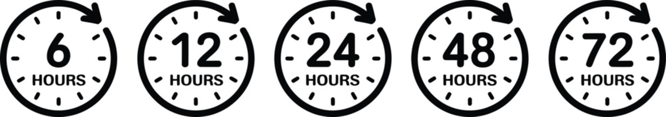 Five circular clocks displaying different hour increments a graphic silhouette