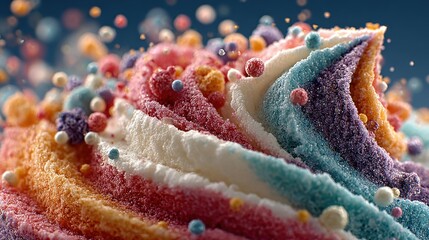 Dynamic swirling pastel dessert fantasy, bursting with a vibrant array of sweet rainbow hues and playful, textured sugary particles