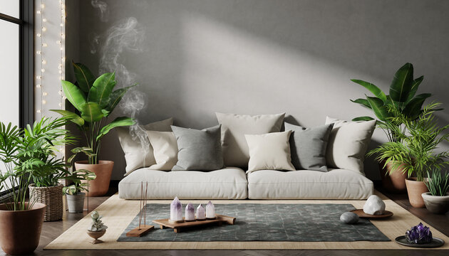 Serene Meditation Space Cozy cushions, lush plants, and calming incense, a sanctuary for peace
