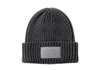 Gray knitted beanie with white label isolated on transparent background