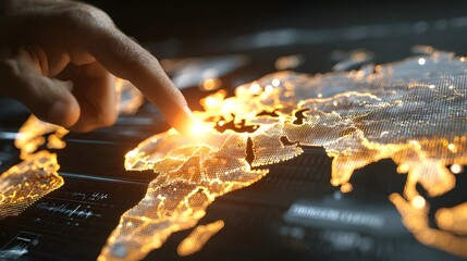 A human hand points toward a digitized world map, the continent of Europe illuminated with bright orange lights, representing global connectivity and digital information.