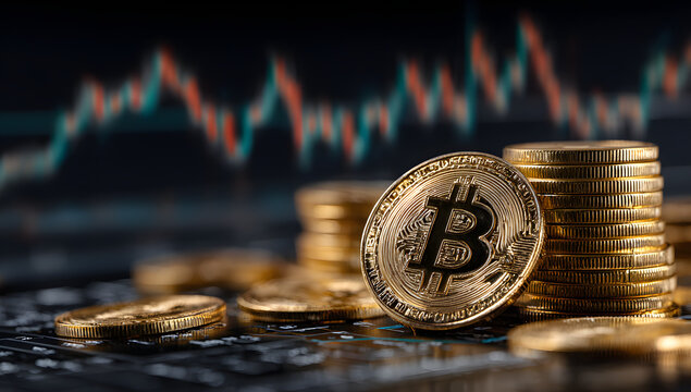 Golden Bitcoin coins stacked with a dynamic cryptocurrency trading graph showing market volatility and financial growth potential