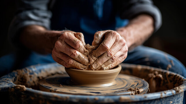 Adult learning pottery at studio wheel, hands shaping clay, self care, crafts, pottery class, creativity, slow living, tactile, artisan, with copy space
