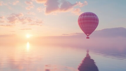 Serene Sunset Flight of a Colorful Hot Air Balloon Over Calm Waters with Reflections and Soft Clouds in a Dreamy Atmosphere
