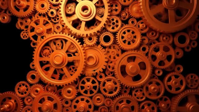 Intricate Orange Gears on Black Background for Creative Media and Industrial Projects