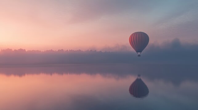 Serene Hot Air Balloon Gliding Over Tranquil Lake at Dawn with Soft Pastel Sky Reflected on Water in Beautiful Natural Landscape
