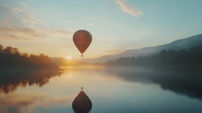 Serene Sunrise Over Tranquil Lake with Colorful Hot Air Balloon in Sky Reflected on Water Surface Creating a Peaceful Atmosphere in Nature